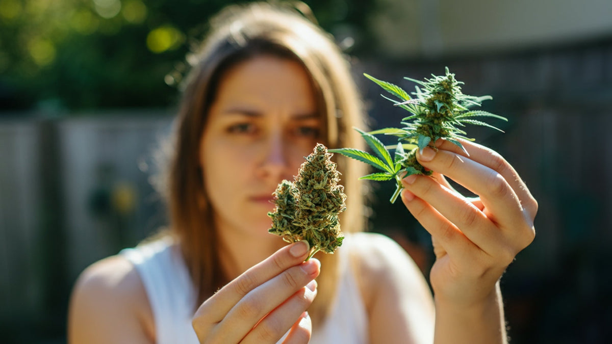 woman comparing two nine realms cannabis flowers in the garden