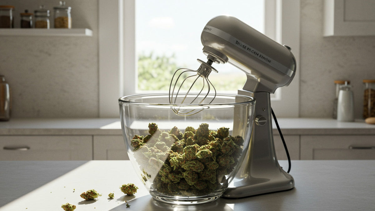 nine realms cannabis flower buds in a glass bowl with a mixer on the top