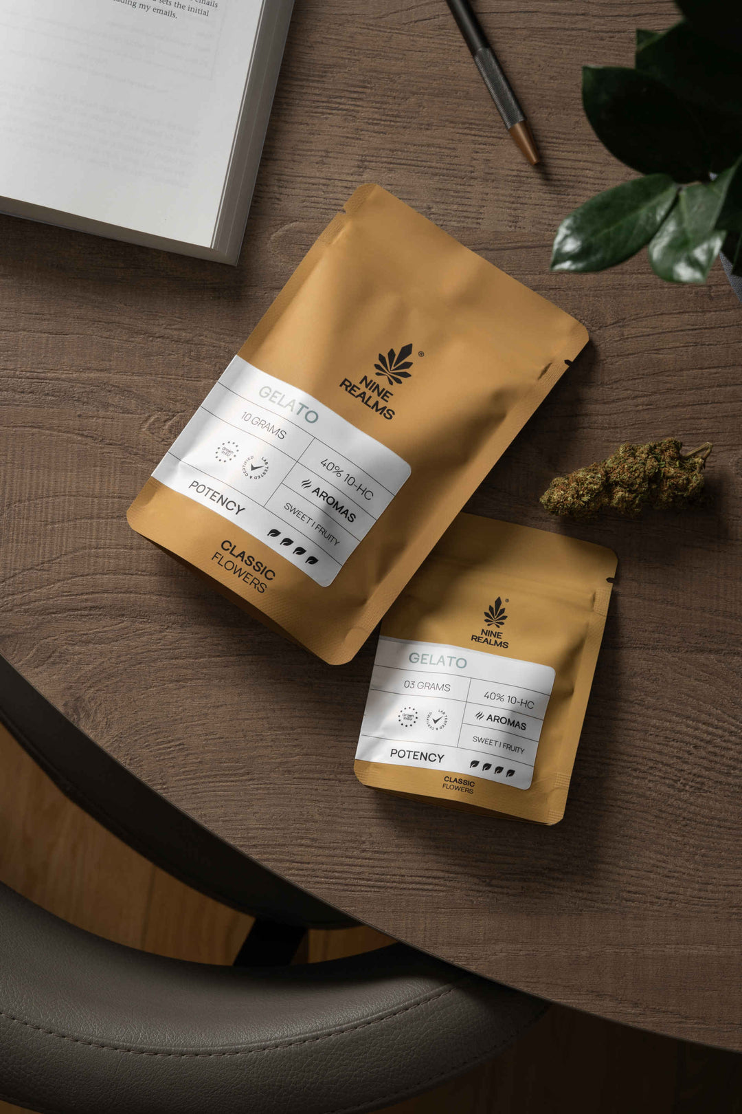 nine realms hhc cannabis flower packaged on the table with cannabis flower next to it