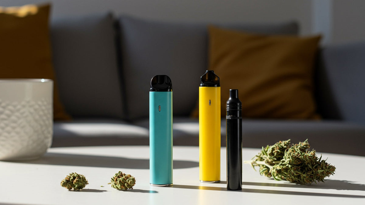 Nine realms 10-oh-hhc disposable vapes on the table with cannabis flowers around them