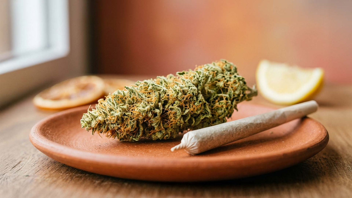 Amnesia haze flower and pre-rolls by Nine Realms on a clay plate