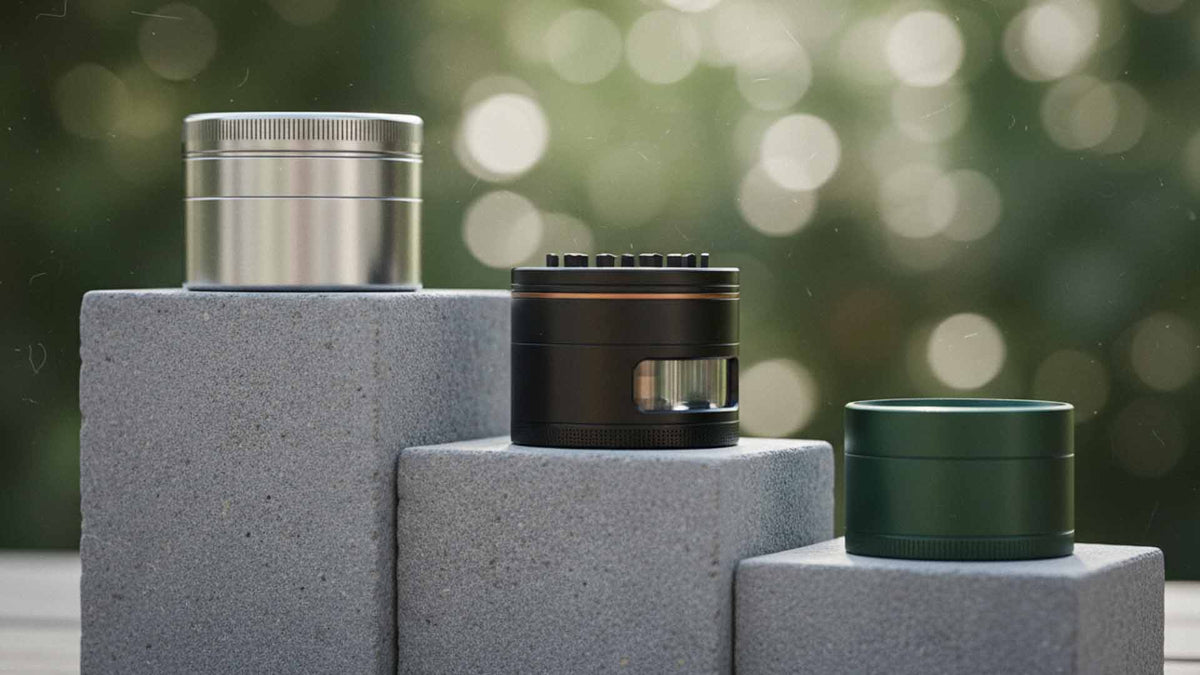 best cannabis grinders on a podium in Nine Realms office