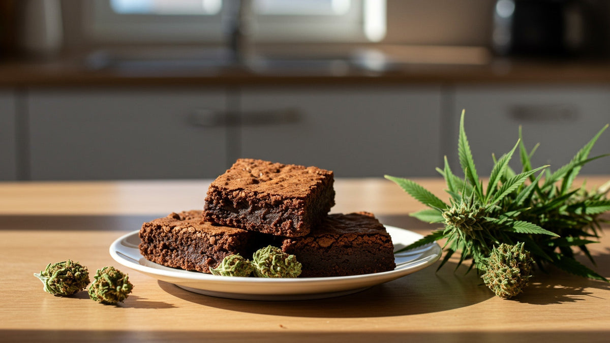 Nine Realms THC brownie on a plate in the kitchen