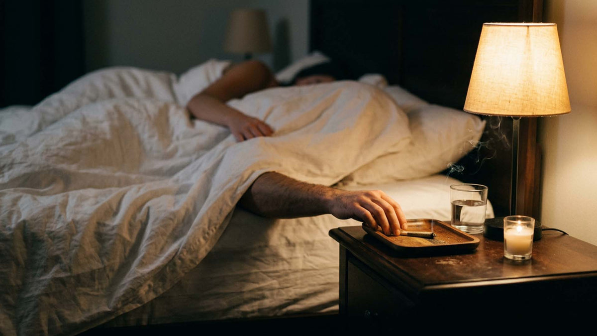 a german couple in the bedroom reaching for Nine Realms T9HC joint on the nightstand