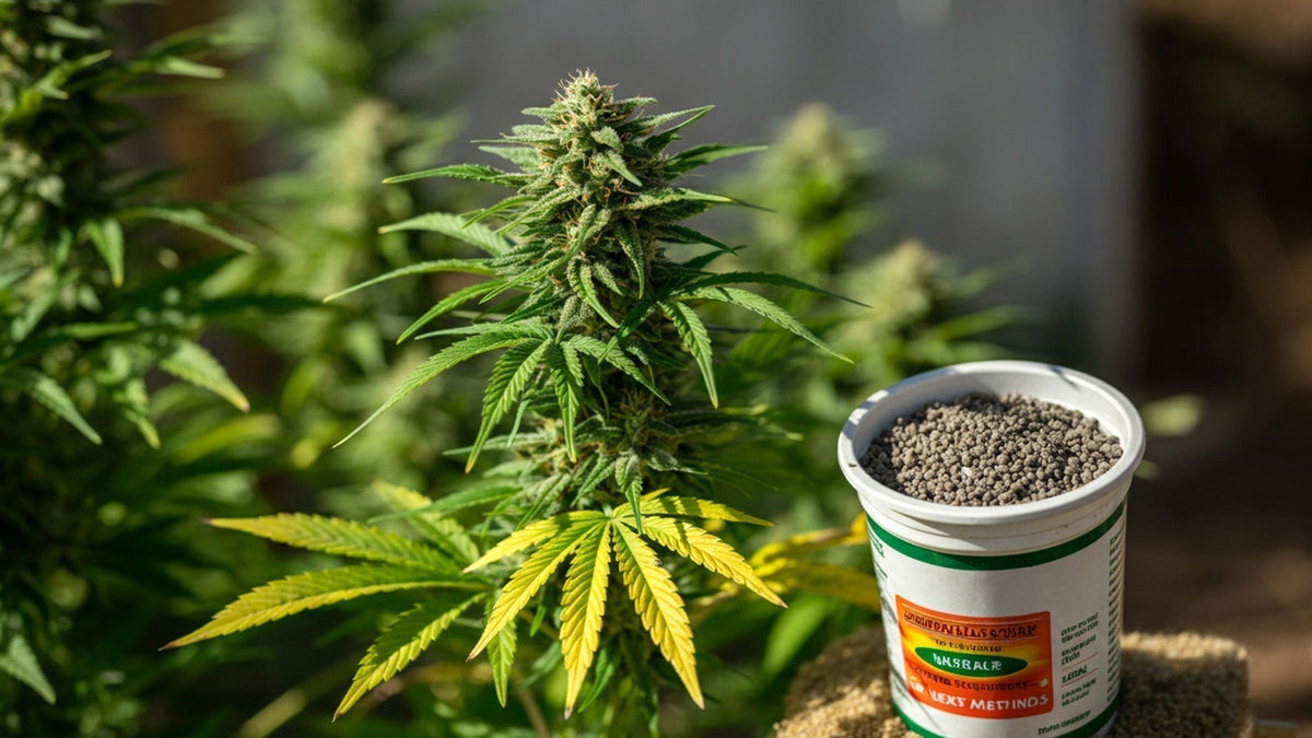 nine realms cannabis flower with a fetilizer next to it