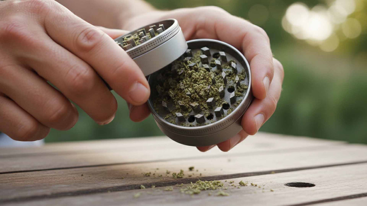 Stainless steel cannabis grinder in the hands of Nine Realms customer