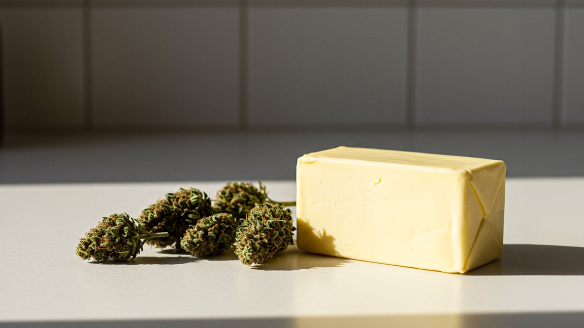 Nine Realms cannabis flower buds and a block of butter on the kitchen counter