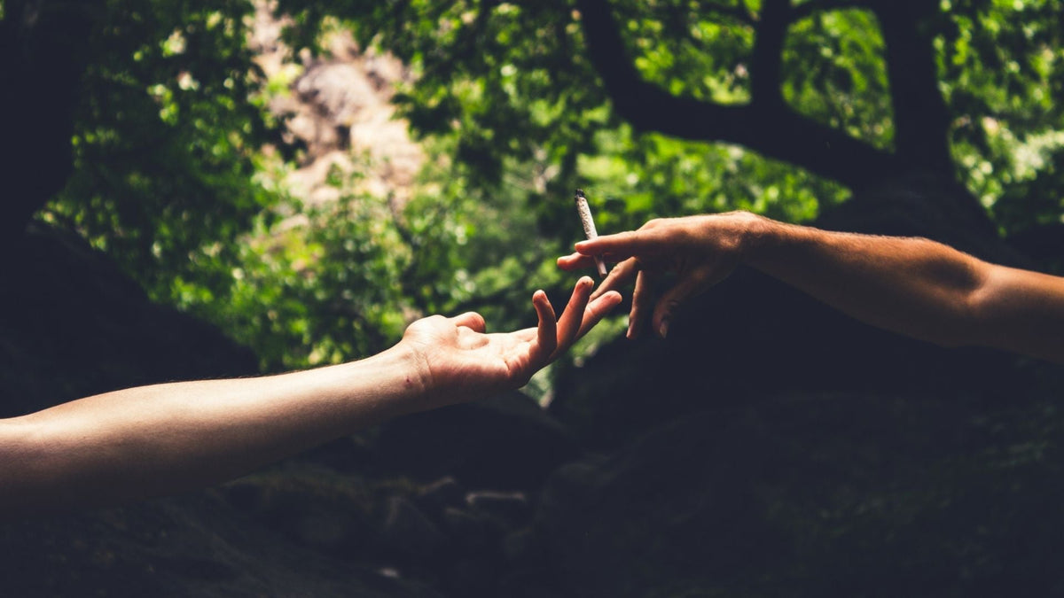 People passing Nine Realms cannabis joint in hand