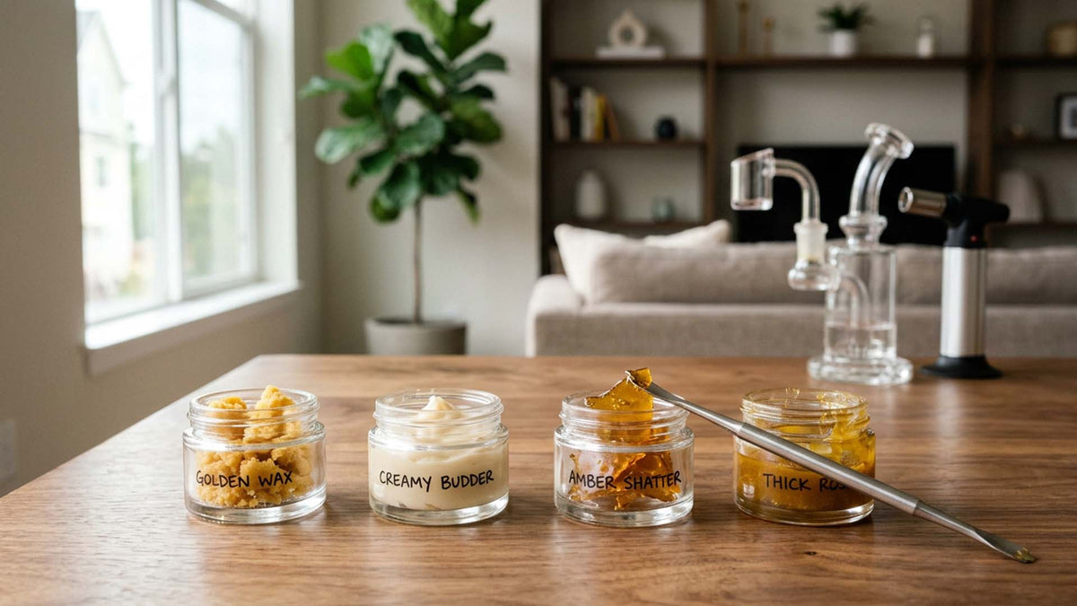 different types of cannabis dabs by Nine Realms on a wooden table