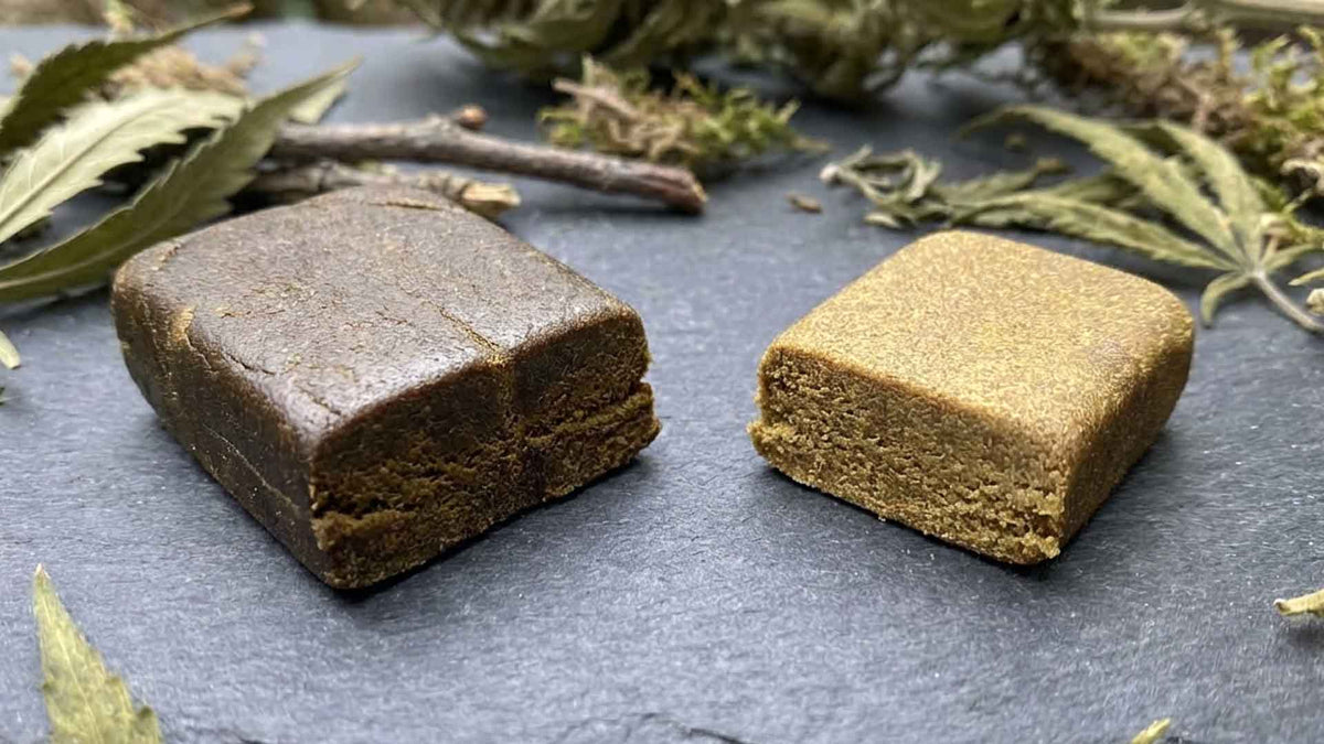 a block of Dry hash and static hash made by nine realms on a gray marble 