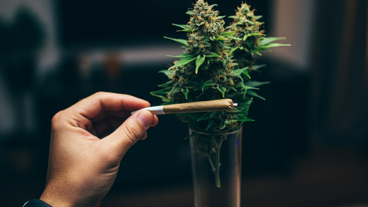 Man holding a nine realms cannabis joint in front of cannabis flower