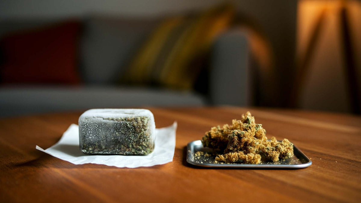 Nine Realms bubble hash and frozen hash on a wooden table