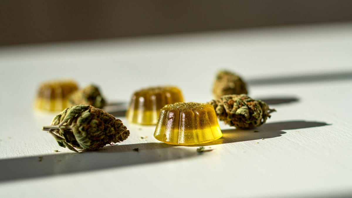 nine realms thc gummies with cannabis flower on the table