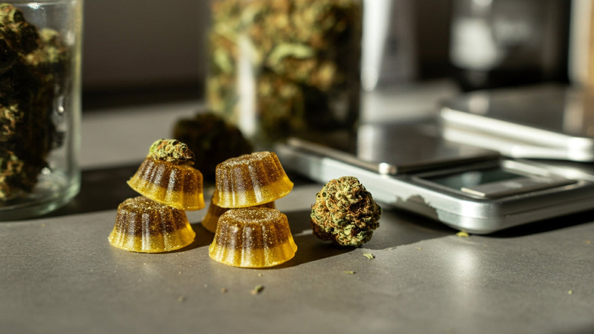 nine realms Svart THC gummies next to cannabis flower and scales