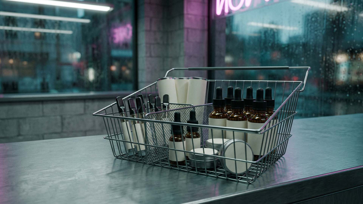 Different HHC-O cannabinoid products in a metal basket from Nine Realms shop