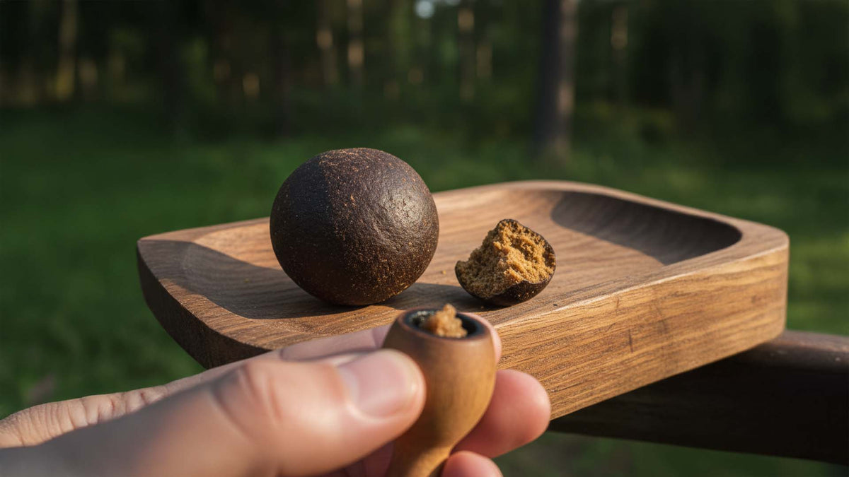 Nine Realms temple ball hash in a wooden pipe in nature