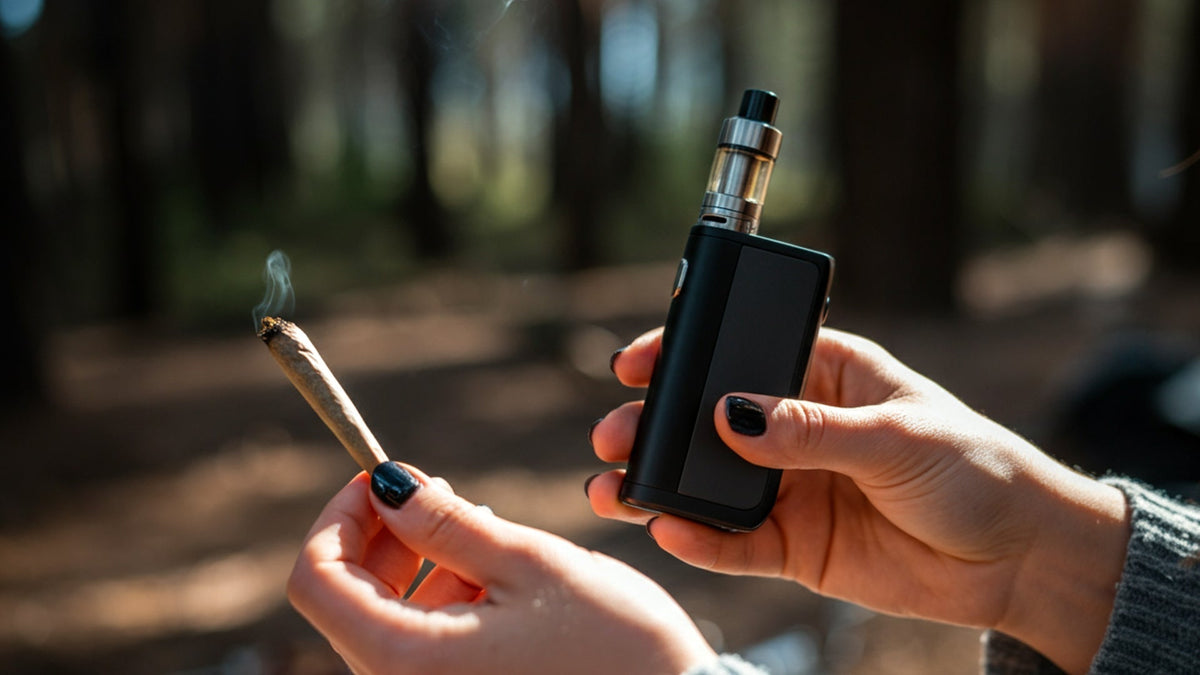 nine realms woman looking at joint vs. vaporizer