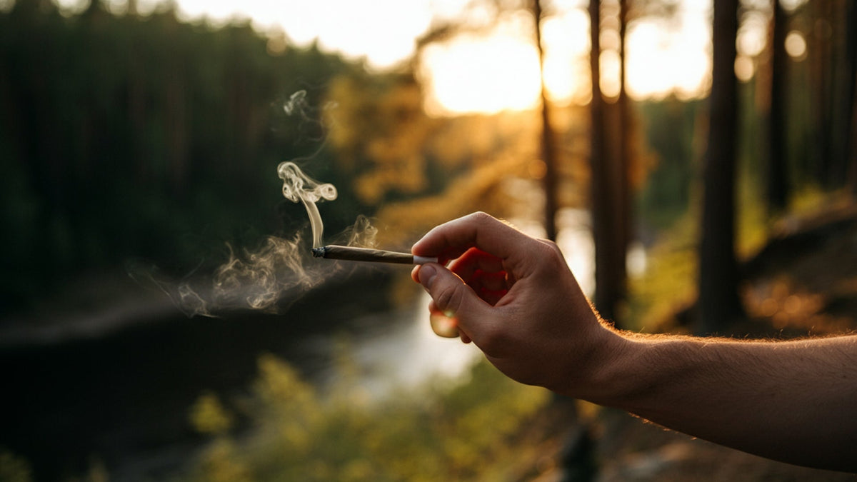 nine realms customer holding one of many joints in the forest