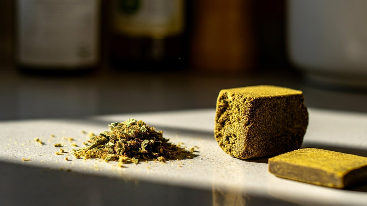 a pile of nine realms kief and a hash block on the kitchen counter
