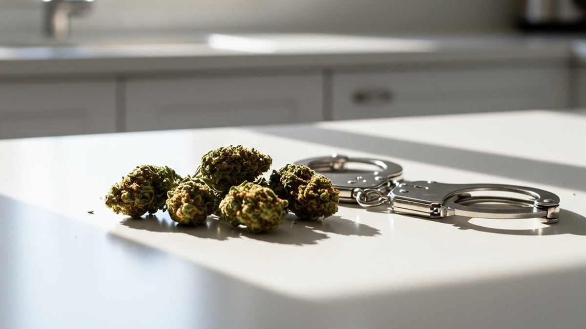 nine realms cannabis buds on the table with handcuffs
