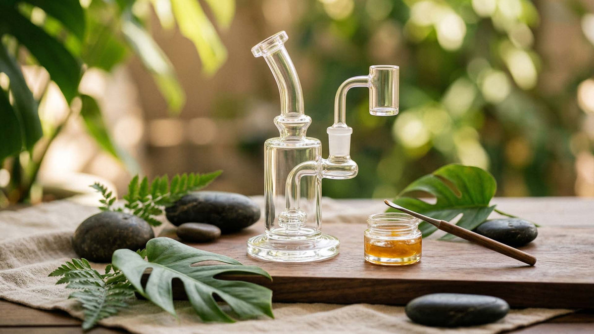 Natural lifestyle photo of Nine Realms cannabis extract next to a glass dab rig