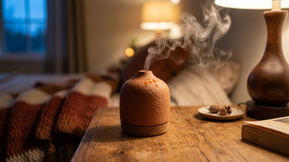 Nine Realms cannabis oil diffuser on a wooden table in the bedroom