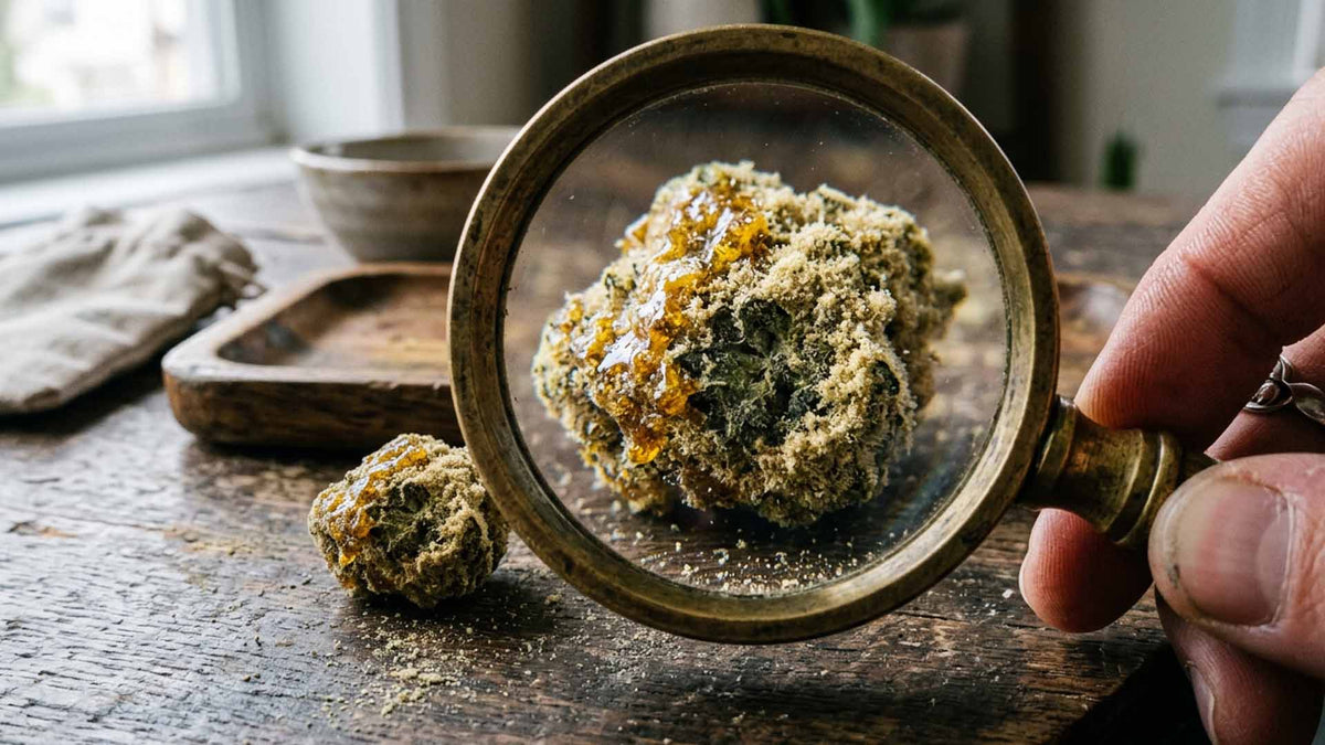 Close up of Nine Realms cannabis moonrocks through a metal magnifying glass