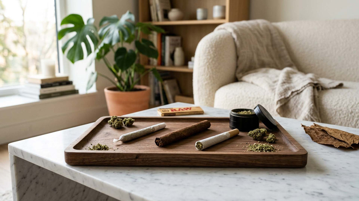 Blunts, joints, and spliffs on a wooden rolling tray by Nine Realms