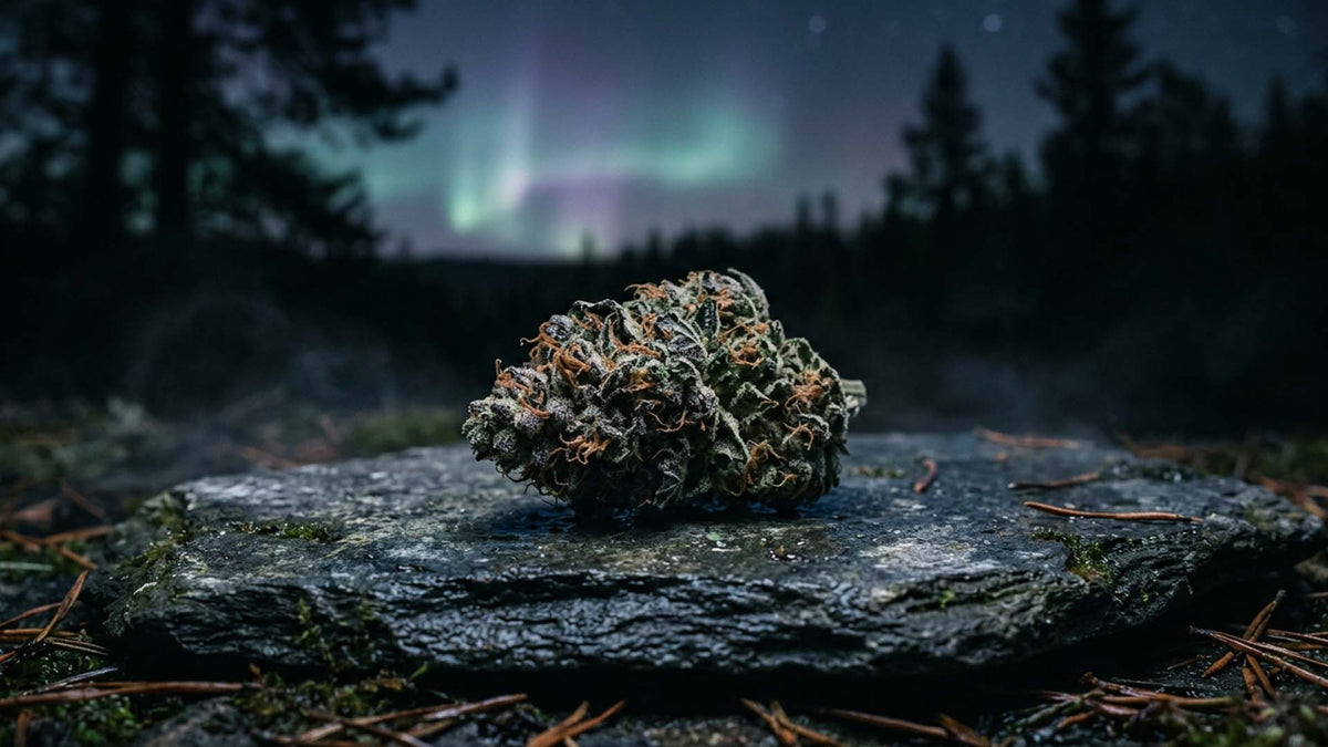 Northern Lights cannabis flower from Nine Realms on a stone in the forest