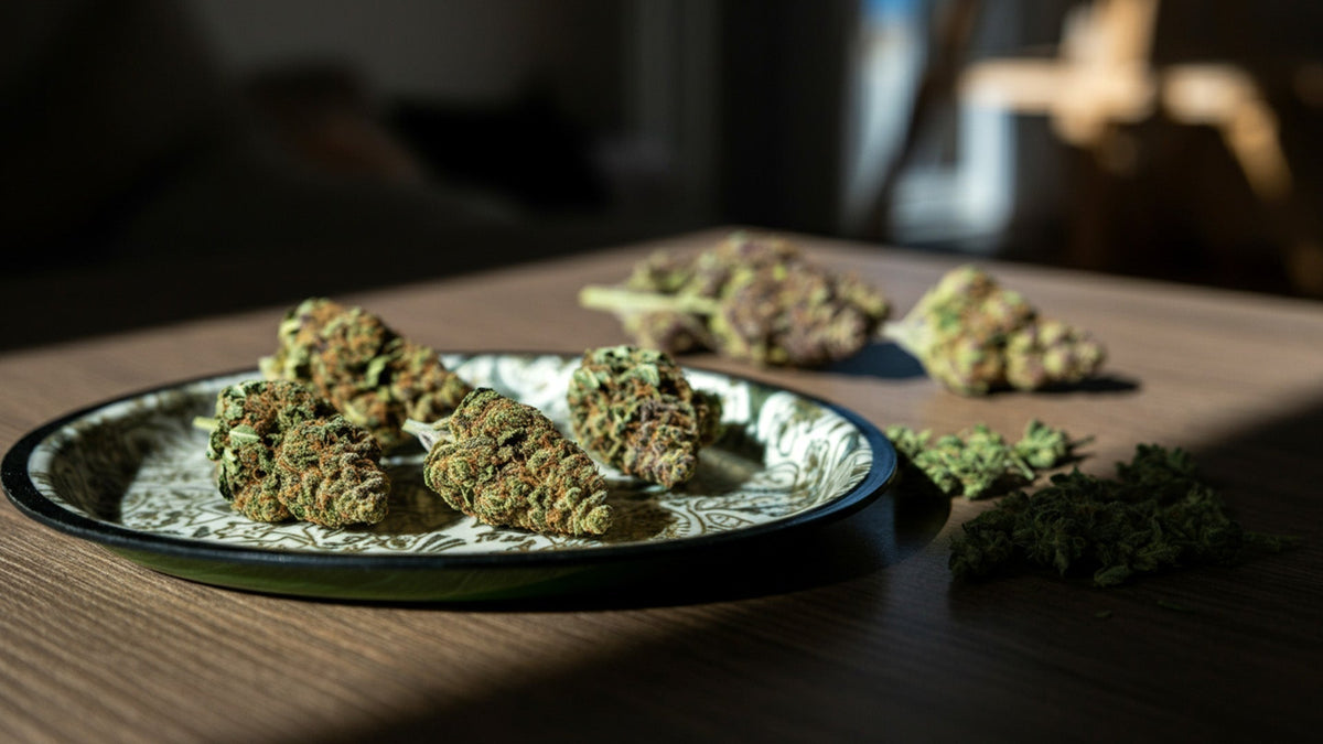nine realms sativa cannabis buds on a rolling tray