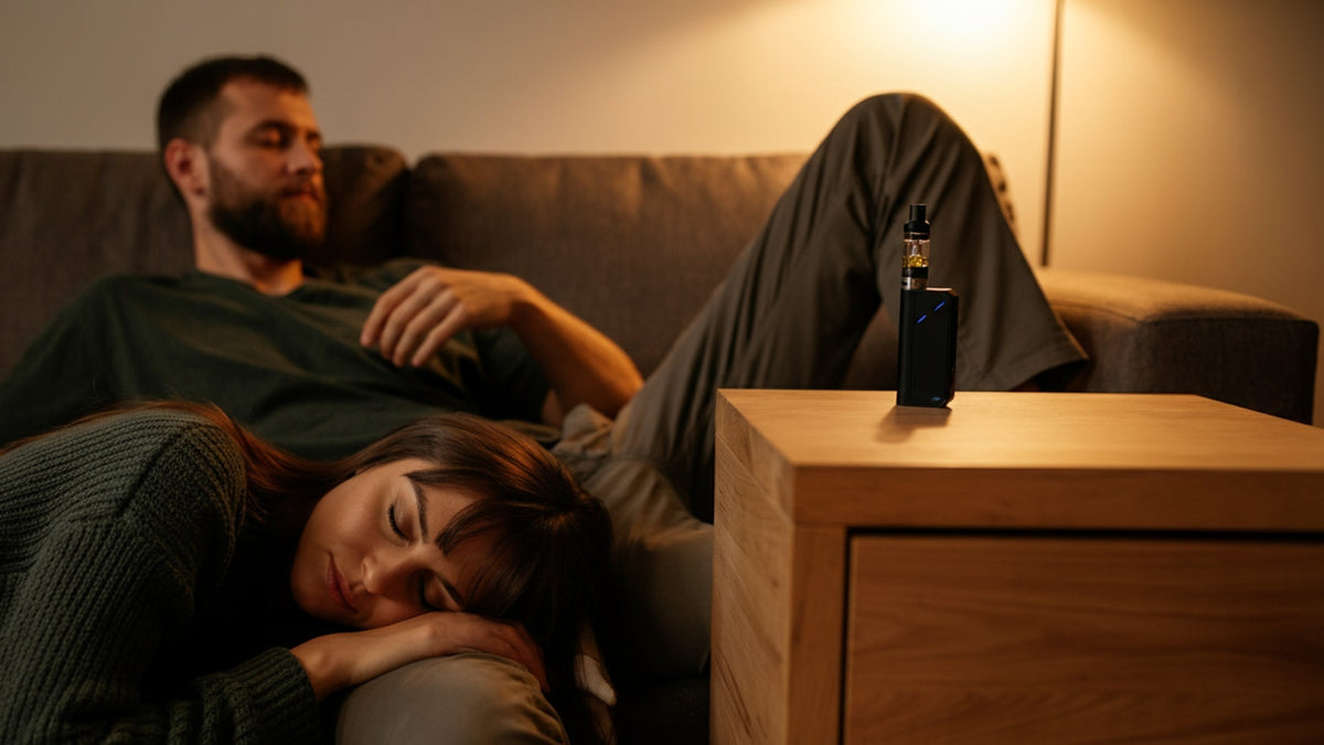 man and a woman relaxing on the couch after using nine realms CBN vape