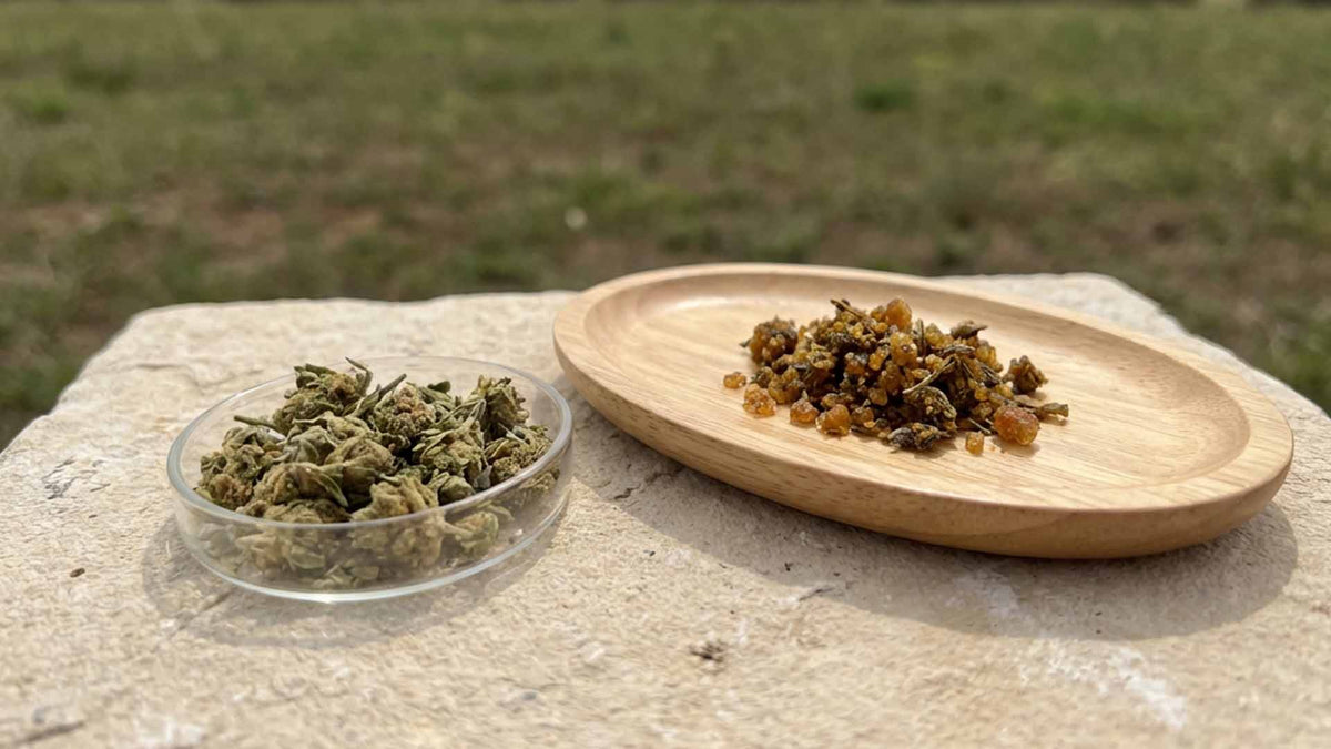 T9HC and THC flower from Nine Realms on a marble surface in the nature