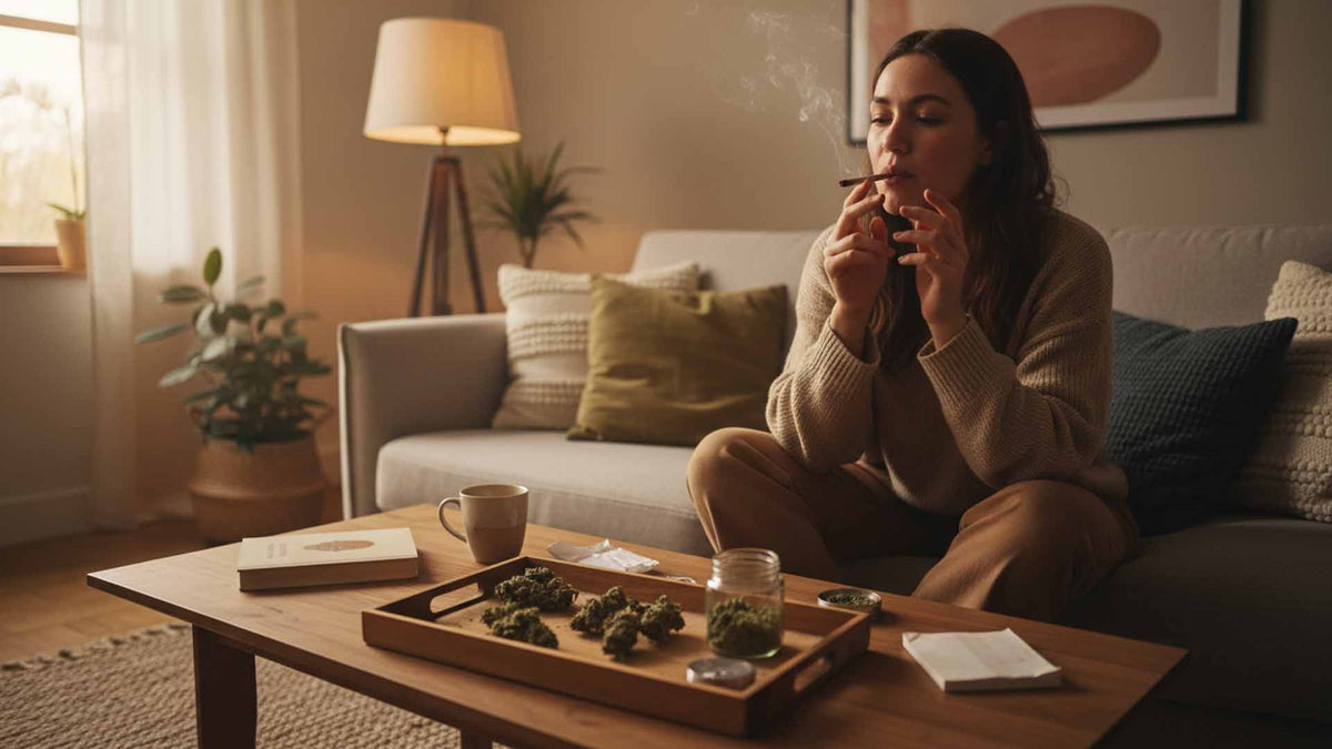 Woman sitting in the living room and smoking nine realms THC-X flower joints