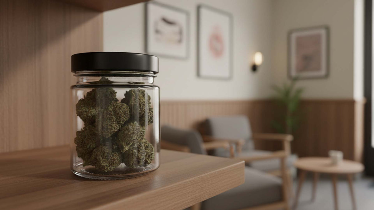 Nine Realms THCD flower buds in a glass jar on a wooden shelf