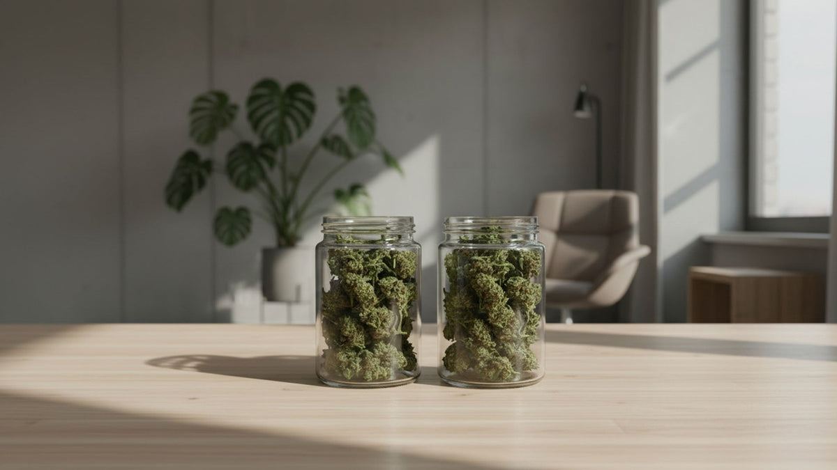 THCD and THC cannabis flowers from Nine Realms in glass jars