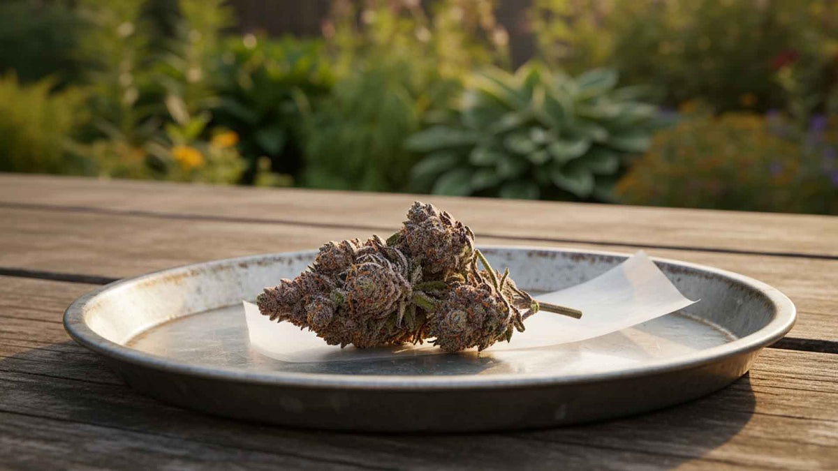 THP420 infused cannabis flower on a Nine Realms rolling tray in a natural setting