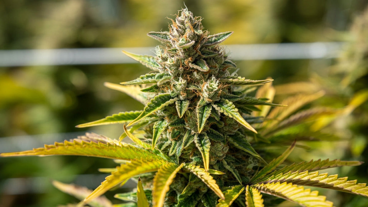 a close up of a nine realms cannabis flower bud
