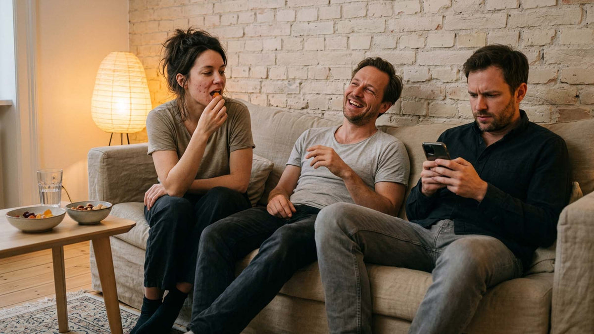 Three friends from Nine Realms on a couch thinking why dont edibles hit
