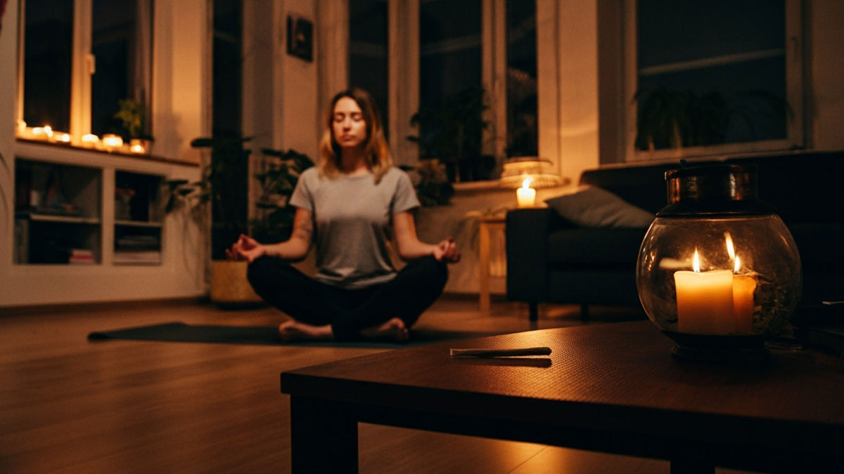 Woman meditating in the living room with a 9 Realms pre-roll joint on the table