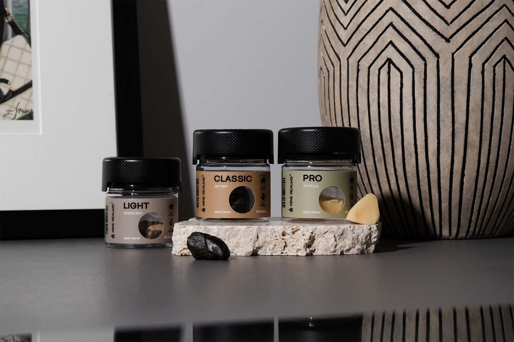 Different Nine Realms T9HC Hash products on a table