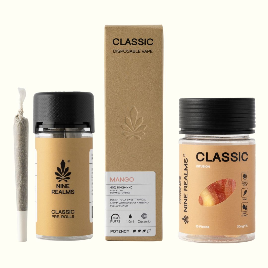 Nine Realms 10-OH-HHC CLASSIC products on a transparent background