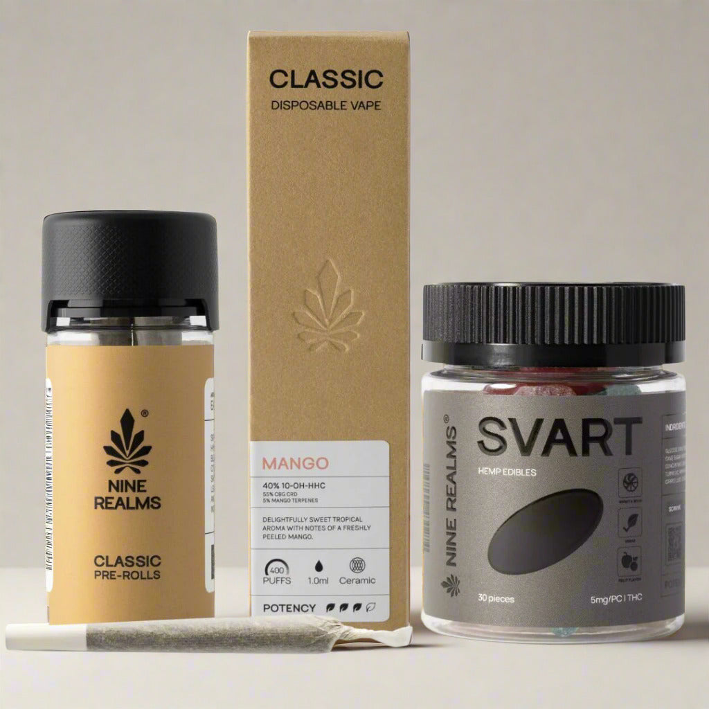 Nine Realms THC Products on a white table