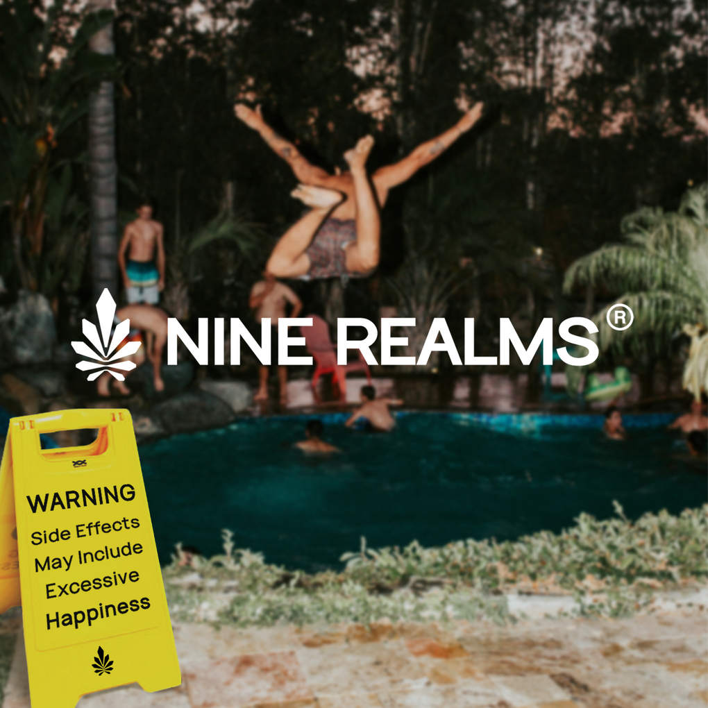 Person, die auf einer Party einen Salto in einen Pool macht, mit dem Logo von Nine Realms und einem Schild, das vor „übermäßiger Fröhlichkeit“ warnt.