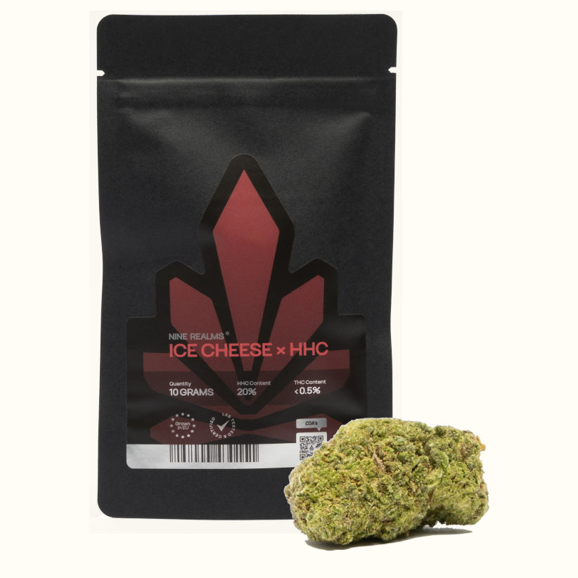 Nine Realms HHC Ice Cheese cannabis flower bud with a 10 gram doypack package and no background