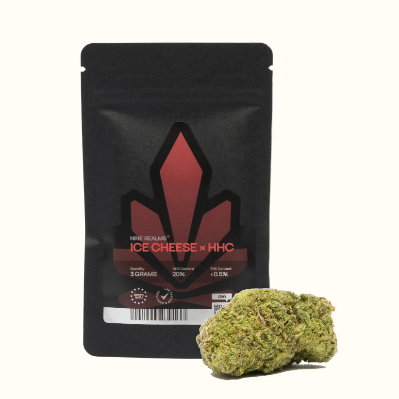 Nine Realms HHC Ice Cheese cannabis flower bud with a 3 gram doypack package and no background