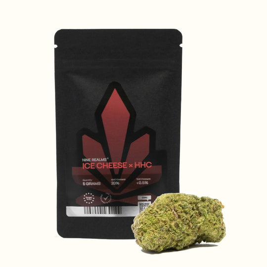Nine Realms HHC Ice Cheese cannabis flower bud with a 5 gram doypack package and no background