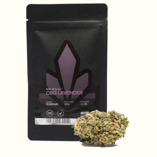 Nine Realms CBG Lavender cannabis flower bud with a 10 gram doypack package and no background