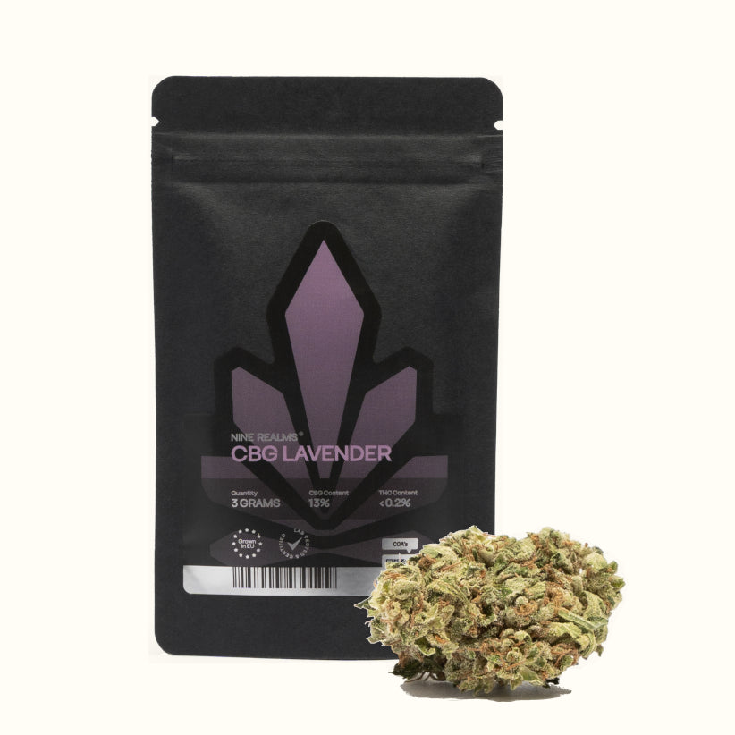 Nine Realms CBG Lavender cannabis flower bud with a 3 gram doypack package and no background