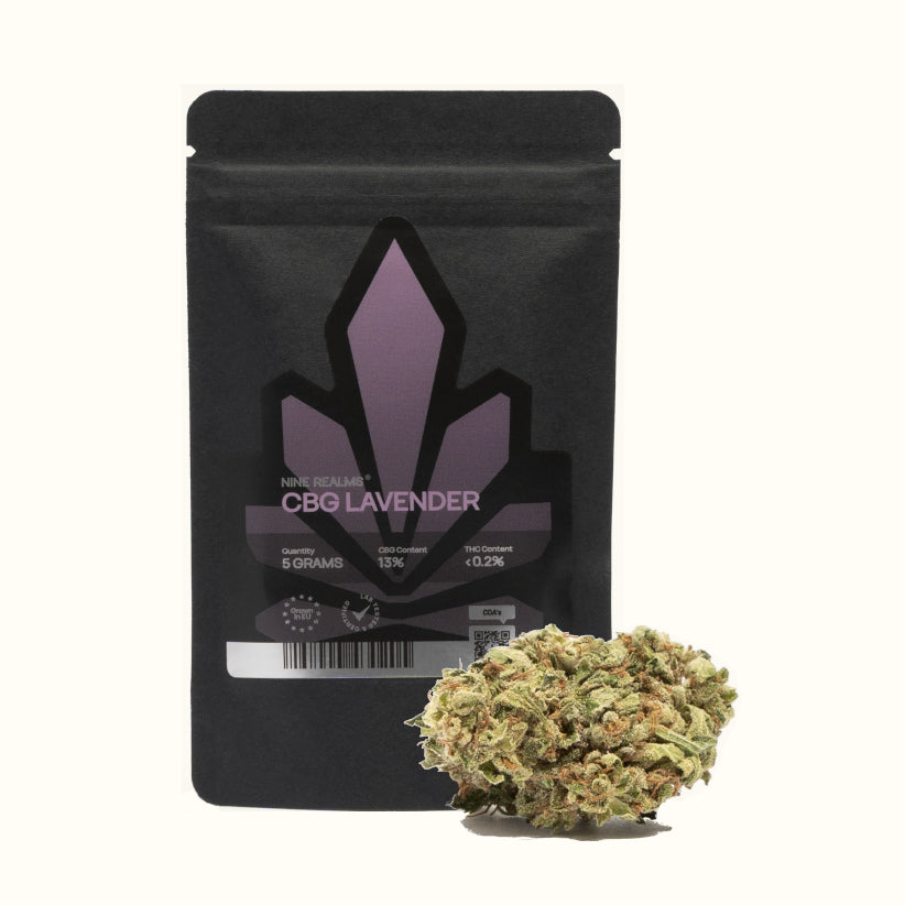 Nine Realms CBG Lavender cannabis flower bud with a 5 gram doypack package and no background