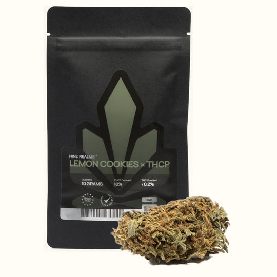 Nine Realms THCP Lemon Cookies flower bud with a 10 gram doypack package and no background